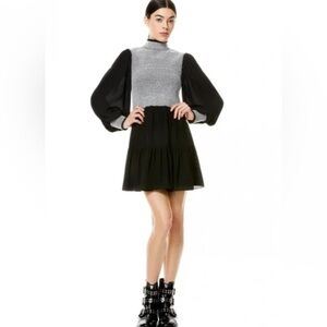 Alice + Olivia Black and Gray Knit Bodice Puff-Sleeve Mini Dress